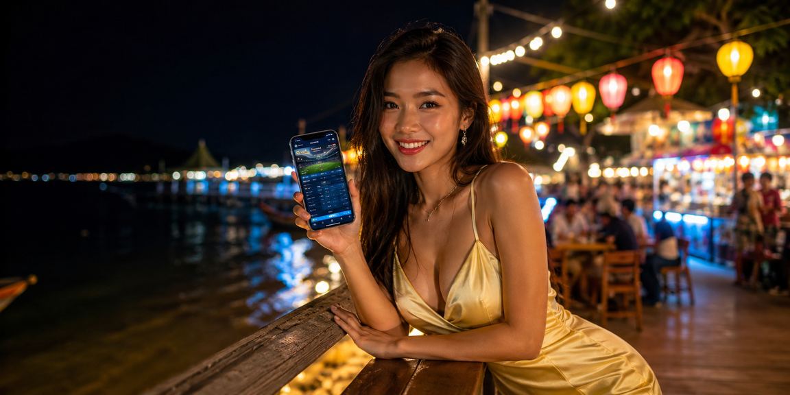 Người dùng tại chợ đêm Phú Quốc truy cập casino trực tuyến trên điện thoại di động